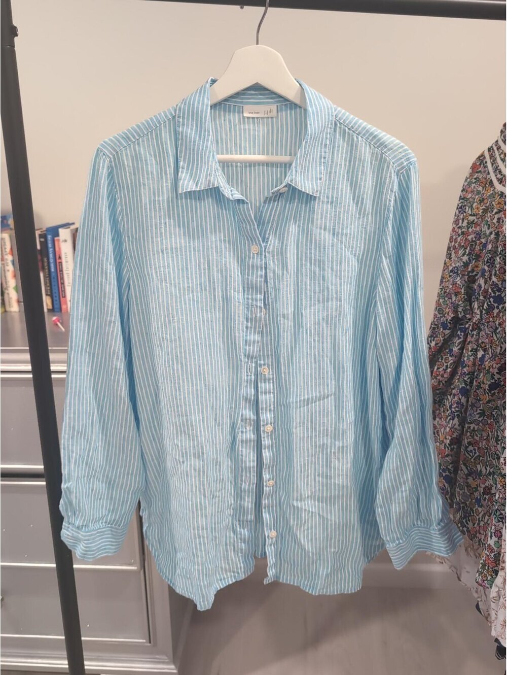 J.Jill Women's Light Blue and White Striped Linen Shirt